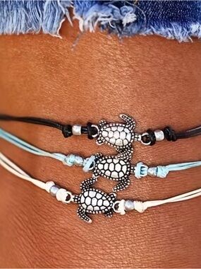Turtle Charm Adjustable Cord Bracelet Set – Black, Light Blue & White